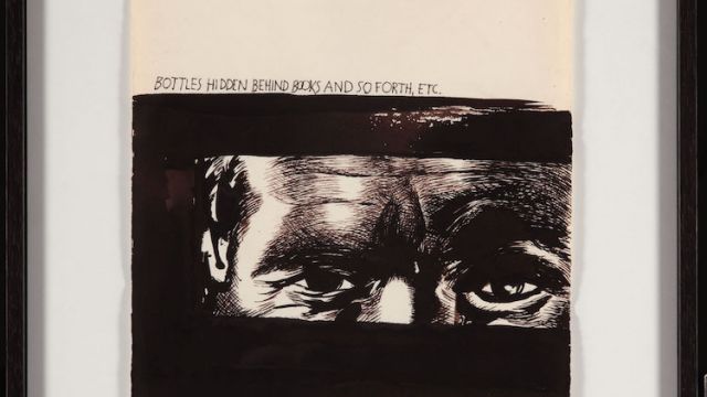 Raymond Pettibon, Ohne Titel (Bottles hidden behind books ... ), 1995,
Kunstmuseum St. Gallen, Leihgabe aus Privatbesitz, Foto: Sebastian Stadler
© Raymond Pettibon
Courtesy the artist, David Zwirner, and Regen Projects, Los Angeles