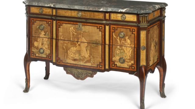 WOLFF, Commode à décor d’après Boucher (Le Feu), marqueterie, bronze, marbre, vers 1775 © MAD, Paris