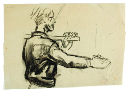 Croquis d’Adolf Riedlin (1947) pour la modification de sa fresque dans l’usine à gaz de Fribourg. L’occupation française exigeait la couverture du salut nazi, Collection Sammlung Dreiländermuseum