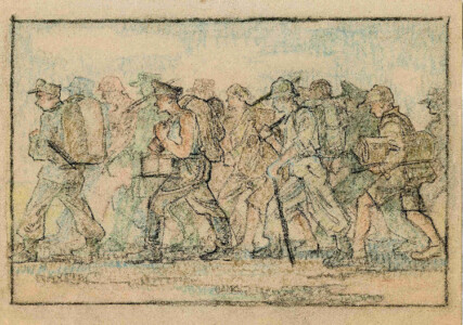 Rudolf Kreuter, sorti 2, crayon de couleur et de cire sur papier, vers 1945, collection du musée des Trois Pays