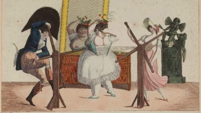Anonyme, « Effets merveilleux des lacets », s. d., eau-forte coloriée. Musée Carnavalet – Histoire de Paris. CC0 Paris Musées / Musée Carnavalet - Histoire de Paris Rire à pleines dents