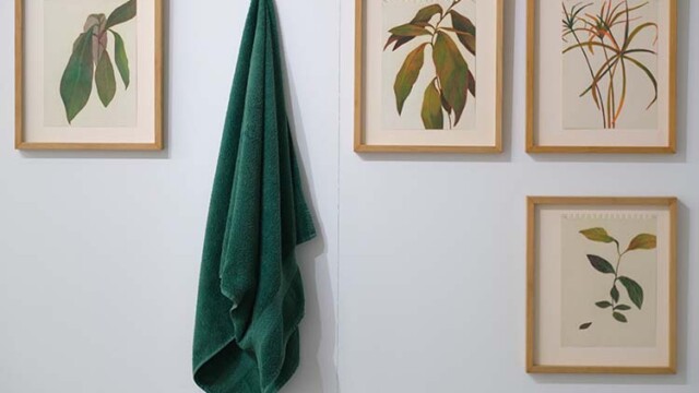 Iva Sintic, Chez moi, la seule chose verte est une plante, 2020. Plume et pastel sec sur papier, 6 x (29,5 x 21) cm, serviette éponge, 100 % coton. Botanica Plasticiens