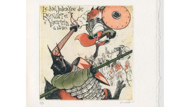Duel judiciaire de Renart et Ysengrin, d’après Le Roman de Renart, sans date, gravure à l’eau-forte et aquatinte numérotée 1/50, réalisée sur les presses d’Albert Lemant à Bulan, 40 x 30,5 (cuvette 20 x 20) cm, Collection particulière