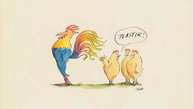 Peter Gaymann, PLASTIQUE !, vers 1982, tiré de la série « Gaymanns tierische Blätter » (planches animalières de Gaymann), paru dans le quotidien Badische Zeitung, encre de Chine et aquarelle, 20,8 x 29,6 cm, Collection de l’artiste