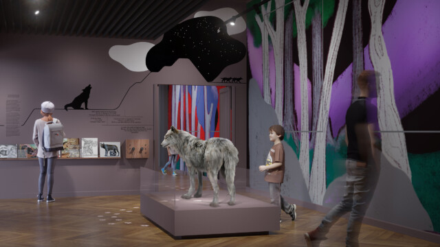 Parcours du musée rénové : la salle du loup, une des 7 salles totems © Oneblock.city pour dUCKs Sceno / Freaks