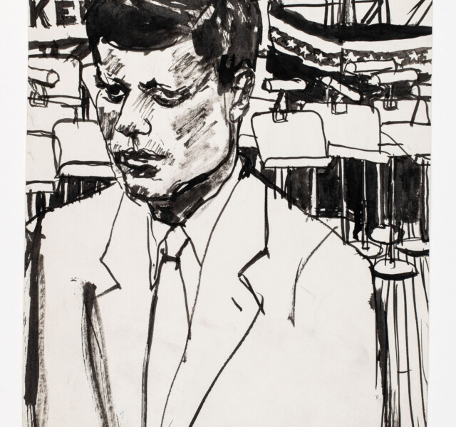 Robert Weaver, Portrait de John F. Kennedy, 1957-59, Musée Tomi Ungerer – Centre international de l’Illustration © Dépôt collection particulière Leihgabe Privatsammlung Antonia Pelaez & Francesca Weaver. Photo : Mathieu Bertola