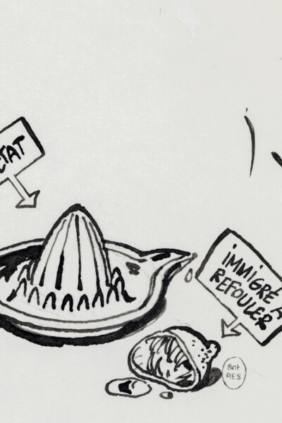 F’murrr (Richard Peyzaret, dit, Paris 1946- 2018), dessin original pour le livre Sans-papiers : pour lutter contre les idées reçues (Utopia, 2010). Musée Tomi Ungerer – Centre international de l’Illustration, dépôt de la Bibliothèque nationale de France © Succession F’murrr. Photo : Musées de la Ville de Strasbourg