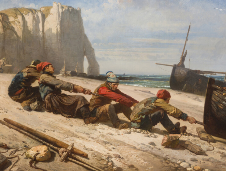 Eugène Le Poittevin
Le Halage d’un canot, souvenirs de la plage d’Etretat, Das Verholen eines Bootes. Erinnerungen an den Strand von Étretat, 1856. Collection particulière Privatsammlung
Foto © Ader, Paris