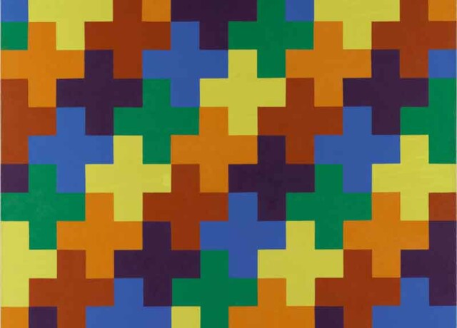 François Morellet, Violet-bleu-vert-jaune-orange-rouge, 1953, Huile sur bois Öl auf Holz, 80 × 80 cm, Paris, Centre Pompidou, Musée national d’art moderne. © Adagp, Paris, 2025 / Photo : © Centre Pompidou, MNAM-CCI/Audrey Laurans/Dist. GrandPalaisRmn